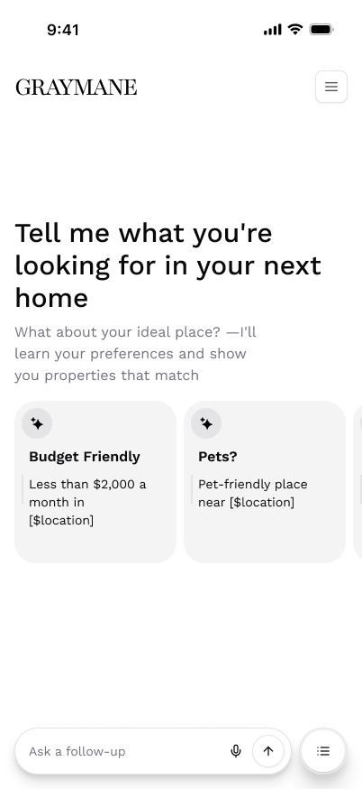 Landing screen — invitational copy with Budget Friendly and Pets pre-filled prompt chips